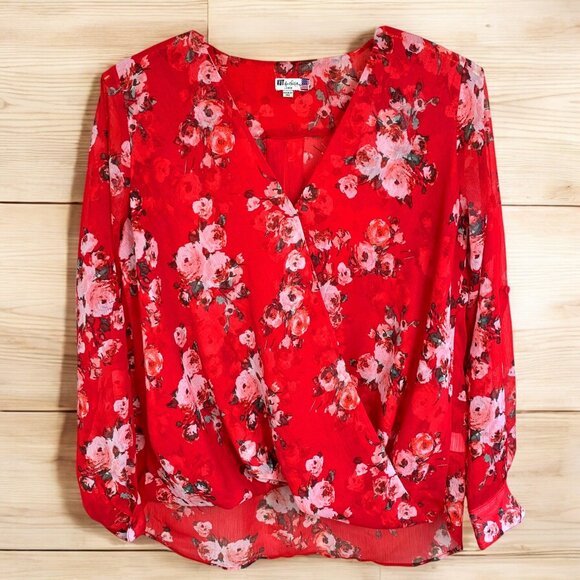 Kut From the Kloth Jenalee Sheer Red Floral Surplice Faux Wrap Blouse - Picture 1 of 9